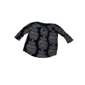 NWT Lucky Brand Womens Black & Beige Floral Print Boho Top 1X 3/4 Sleeves 1847